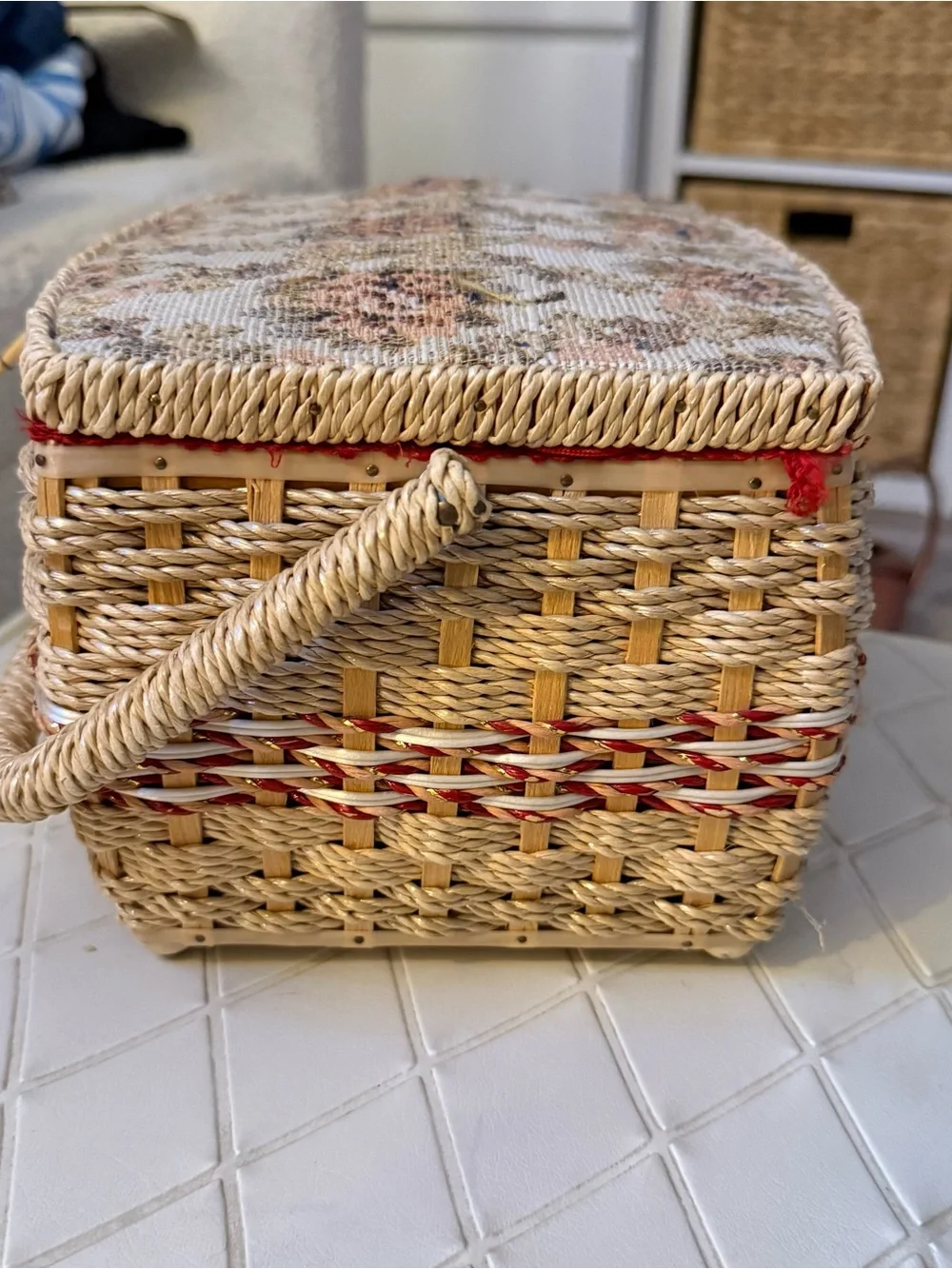 Vintage Penney's Fashion Wicker Sewing Basket with Floral Lid Cottagecore